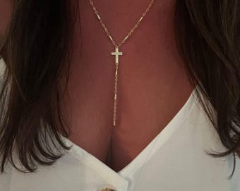 Cross necklace unique drop design gold filled lariat style necklace with cubic zirconia stones