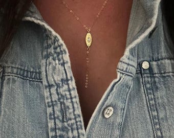 Evil eye lariat drop necklace great for gifts, affordable high quality gold filled materials