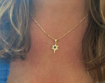 Gold Filled Starburst Necklace, Navy CZ Stone