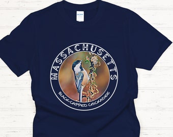 Massachusetts Souvenir for Bird Lovers | Black Capped Chickadee Shirt | Massachusetts Birders Gifts for Family and Friends