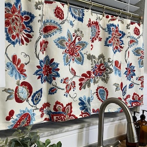 Red Floral Cafe Curtain: Handmade Cotton Cottagecore Kitchen Panel