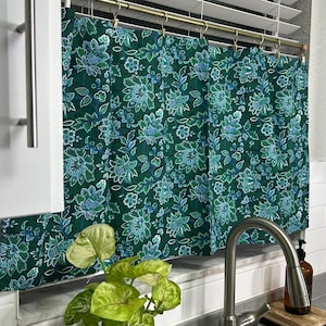 Green Floral Cafe Curtain Panel: Handmade Cotton Farmhouse Window Treatment