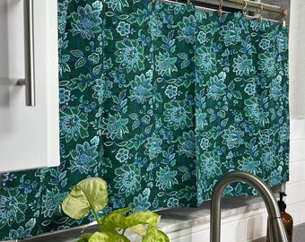 Green Floral Cafe Curtain Panel: Handmade Cotton Farmhouse Window Treatment
