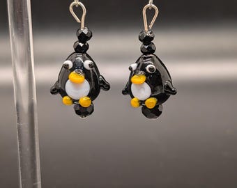Adorable Lampwork Glass Penguin Earrings | Festive Holiday Jewelry