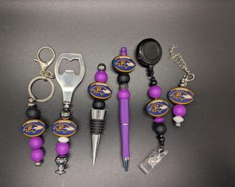 Baltimore Ravens Beaded Accessories - Keychain, Bottle Opener, Wine Stopper, Pen, Badge Reel, Zipper Pull / Bag Tag / Tumbler Handle Décor