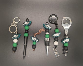Philadelphia Eagles Beaded Accessories - Keychain, Bottle Opener, Wine Stopper, Pen, Badge Reel, Zipper Pull / Bag Tag | NFL Football Gift