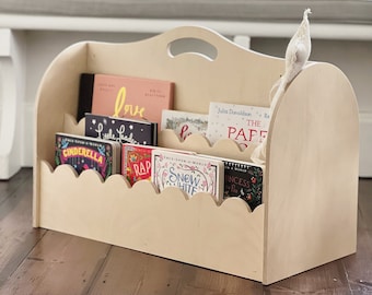 MHJY Bücherregal Kinder, doppelseitiges Holzregal mit robusten Canvas-Taschen, Montessori Stil, tragbar mit Griff, Kinderbuchregal für Kinderzimmer, Spielzimmer & Kindergarten, leicht & langlebig