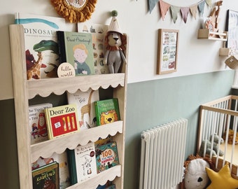 Scalloped wall mounted Montessori book shelf