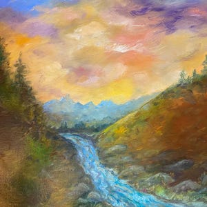 Rocky Mountain oil painting original 16 x 20&quot;, bright impressionistic landscape river mountain scene by Wyoming artist Jane Osborn