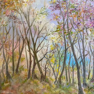 Pastel Forest Magical Forest art, a forest scene of springtime woods art. This is a relaxing forest, in pinks, aquas and soft tones.