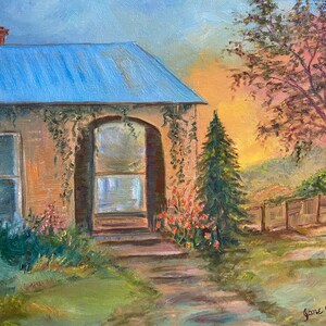 Rural Wyoming Cottage original oil, Farmhouse style, Colorful cozy sunset scene, quaint cottage, small town art, hangable art, Wyoming art
