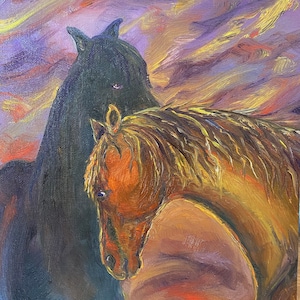 Horsey Conversation, an 8 x 10&quot; original oil painting by artist Jane Osborn on a canvas panel. Two horses having a spirited discussion.