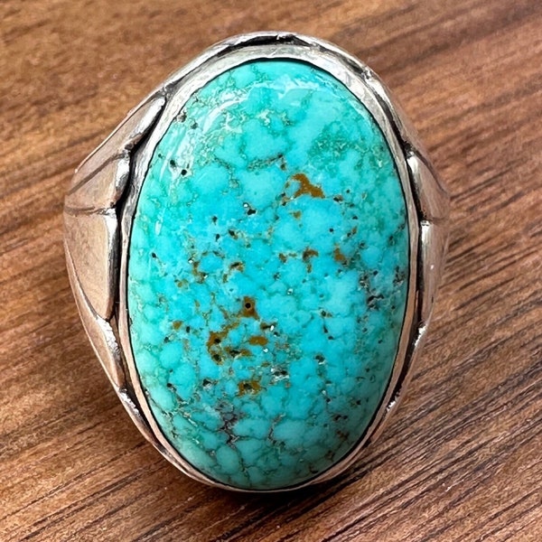 Vintage! Large Native American Number 8 Turquoise Sterling Silver Fan Ring! Size 13.5!