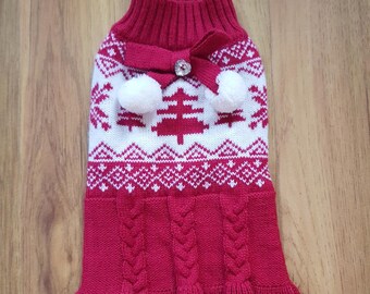 Friends Forever Dog Apparel Knit Sweater Dress Red White Pom Poms Heart Trees Snowflakes Pet Outfit Jumper Small Size S Winter