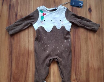 Pijama enterizo con estampado de pudín navideño, color marrón, para bebé. Mono con pies completos, hasta 3 meses de altura: 56-62 cm. Lindo diseño de algodón.
