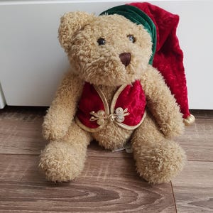 Puede incluir: Un oso de peluche marrón que lleva un chaleco de terciopelo rojo con detalles dorados y un gorro de Papá Noel verde y rojo.