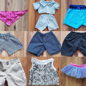 BAB BABW Build A Bear Workshop Ropa Accesorios Bandana Boxer Shorts Pantalones Bear Factory Pantalones vaqueros Top de lentejuelas Falda tutú arcoíris pastel