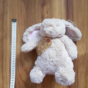 May include: A soft, beige bunny toy with long, floppy ears, showing a pink floral pattern inside. The toy has a tag that reads "My Best Friend". The bunny is approximately 30 cm tall.