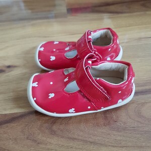 Pu&ograve; includere: Un paio di scarpine da beb&eacute; rosse con pois bianchi e disegni di coniglietti. Le scarpe hanno una suola bianca e un cinturino in velcro.