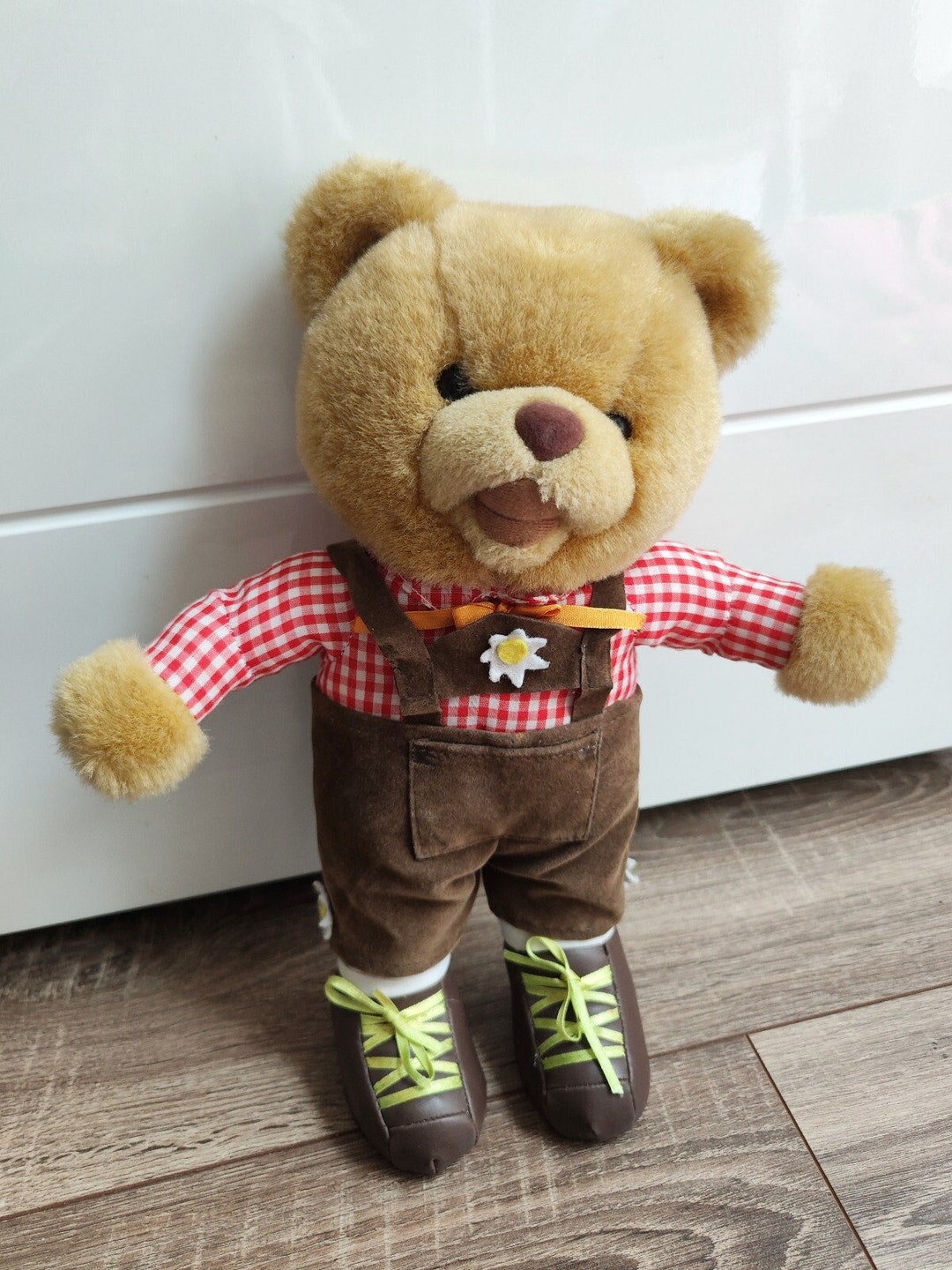German Overalls Boots Brown Soft Stuffed Plush Teddy Bear Vintage