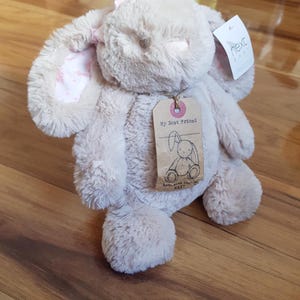May include: A soft, beige bunny rabbit toy with long, floppy ears. The inner ears feature a pink floral design. A tag reads "My Best Friend" and a smaller tag says "next baby". A pink bow is tied on the head of the plush toy.