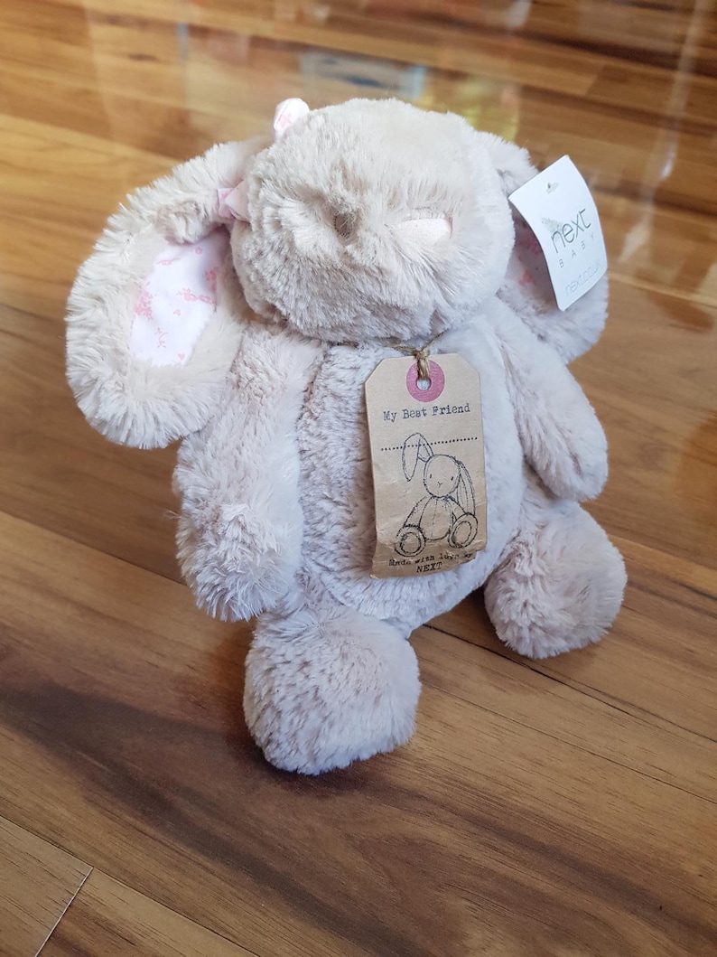 May include: A soft, beige bunny rabbit toy with long, floppy ears. The inner ears feature a pink floral design. A tag reads "My Best Friend" and a smaller tag says "next baby". A pink bow is tied on the head of the plush toy.