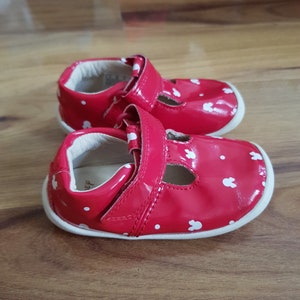 Pu&ograve; includere: Un paio di scarpine da beb&eacute; rosse con pois bianchi e orecchie di coniglio. Le scarpe hanno una chiusura a velcro.
