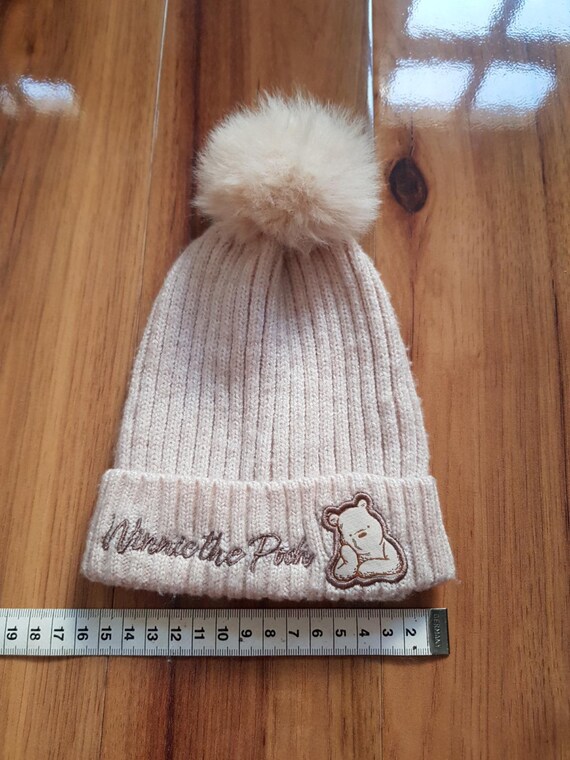 Disney Baby Winnie The Pooh Hat Beige Winter Warm With Pompom For