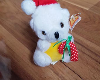 Patamates PMS White Christmas Teddy Bear Plush Soft Santa Hat Candy Cane Animal Toy Vintage Very Rare Stuffed Sitting Cute Cuddly Paper Tag