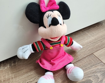 Disney Classic Plush Minnie Mouse Pink Dress Striped Top Soft Toy Stuffed Pink Bow Very Rare Vintage