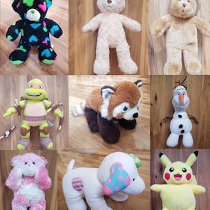 May include: A selection of soft toys featuring a black teddy bear with heart patterns, a beige teddy bear, a brown teddy bear, a Teenage Mutant Ninja Turtle, a red panda, Olaf the snowman, a pink bear, a white dog with polka dot accents, and Pikachu.