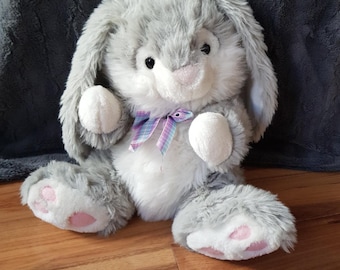 METRO Soft Toys Gray White Large Stuffed Bunny Rabbit Plush Beautiful Soft Toy Animal Vintage Checked Ribbon Very Rare
