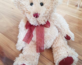 Allied Ireland Teddy Bear With Burgundy Ribbon And K Ltter On Paw Adorable Vintage Plush Soft Toy Sitting Very Rare Kiddiefun