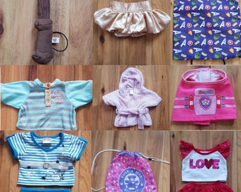 BAB BABW Build A Bear Workshop Clothes Accessories T-shirt Puffy Gold Skirt Pants Avengers Sleeping Bag Carrier Bath Gown Skye Paw Patrol