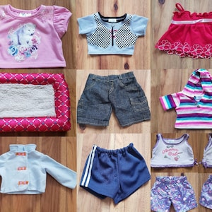 BAB BABW Build A Bear Workshop Clothes Accessories Skirt Pants Vest T-shirt Denim Jacket Cosmetic Print PJS Shorts Hoodie Red Top Dog Bed