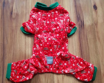 FuzzYard Happy Howlidays Red Dog Pajamas Pet Outfit Size Small 2 Cat Costume Romper Merry Woofmas Christmas Reindeer Candy Cane