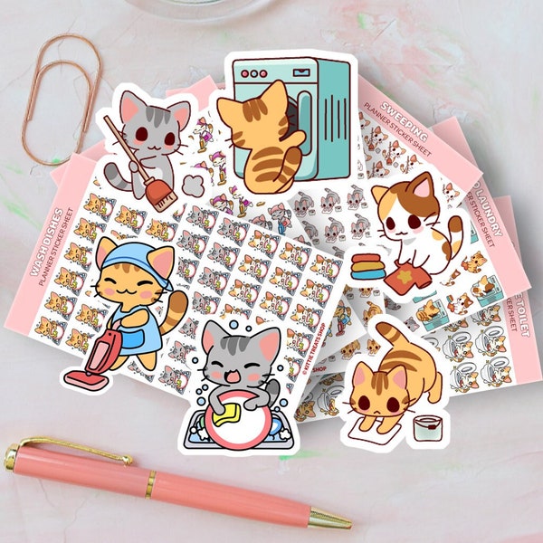 Kawaii Cat Chore Planner Sticker Set of 6, Cute Planner Sticker Set, Reminder Icons for Planner, Cleaning Planner Stickers, Chore Planner