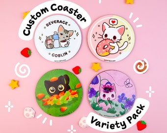 Custom Variety Coaster Set, Kawaii Coaster, Drink Mat, Anime Home Decor, Coffee Coaster, Autumn Coaster, Cute Cat Coaster, Cat Coasters