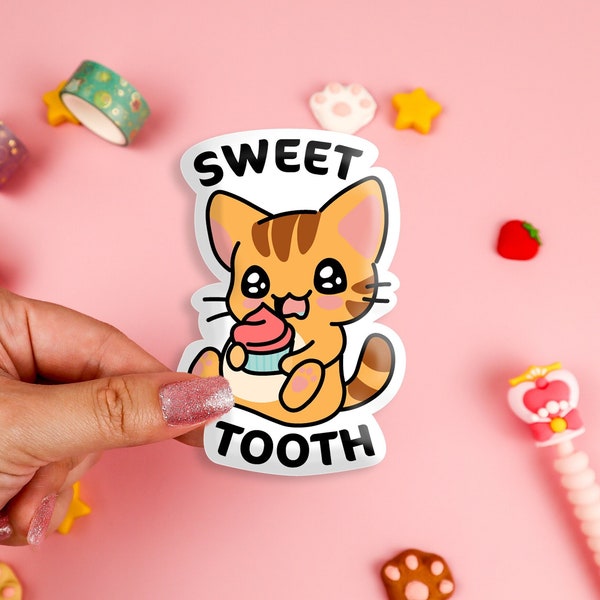 Sweet Tooth Kitty Glossy Vinyl Sticker, Water Bottle Sticker, Car Decal, Laptop Stickers, Helmet Stickers, Kawaii Stickers, Cat Sticker