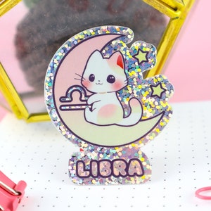 Zodiac Libra Cat Holographic Glittery Vinyl Sticker, Zodiac Stickers, Laptop Stickers, Helmet Stickers, Kawaii Stickers, Cat Sticker