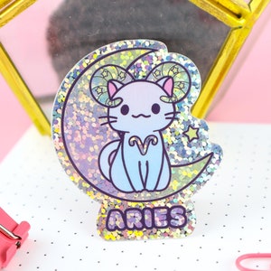 Zodiac Aries Cat Holographic Glittery Vinyl Sticker, Zodiac Stickers, Laptop Stickers, Helmet Stickers, Kawaii Stickers, Cat Sticker