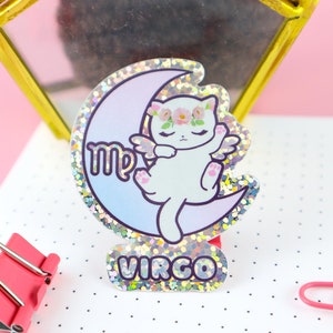 Zodiac Virgo Cat Holographic Glittery Vinyl Sticker, Zodiac Stickers, Laptop Stickers, Helmet Stickers, Kawaii Stickers, Cat Sticker