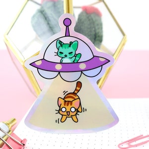 UFO Kitty Holographic Vinyl Sticker, Water Bottle Sticker, Car Decal, Laptop Stickers, Helmet Stickers, Kawaii Stickers, Cat Sticker, Alien