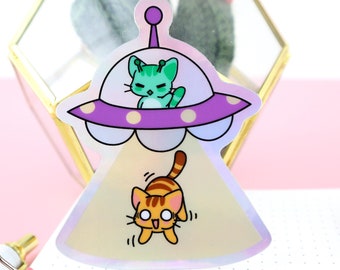 UFO Kitty Holographic Vinyl Sticker, Water Bottle Sticker, Car Decal, Laptop Stickers, Helmet Stickers, Kawaii Stickers, Cat Sticker, Alien