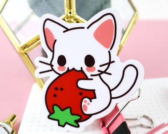 Strawberry Kitty Matte Vinyl Sticker, Water Bottle Sticker, Car Decal, Laptop Stickers, Helmet Stickers, Kawaii Stickers, Strawberry Sticker