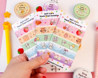 Kawaii Self Care Washi Tape Sample Card, Cute Washi Tape, Bullet Journal Tape, Cute Stationery Tape, Decorative Tape for Bullet Journals