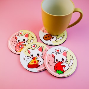 Cat Snack Coaster Set, Kawaii Coaster, Drink Mat, Anime Home Decor, Coffee Coaster, Donut Coaster, Strawberry Coaster, Cookie Coaster