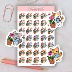 Kawaii Cat Water Plants Planner Sticker, Water Plants Reminders, Cute Planner Stickers, Water Plants Reminder Icons for Planner, Gardening