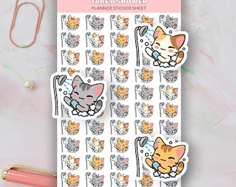Kawaii Cat Take a Shower Planner Stickers, Shower Reminders, Hygiene Planner Stickers, Shower Reminder Icons for Planner