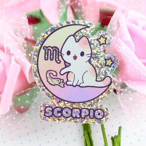 Zodiac Scorpio Cat Holographic Glittery Vinyl Sticker, Zodiac Stickers, Laptop Stickers, Helmet Stickers, Kawaii Stickers, Cat Sticker